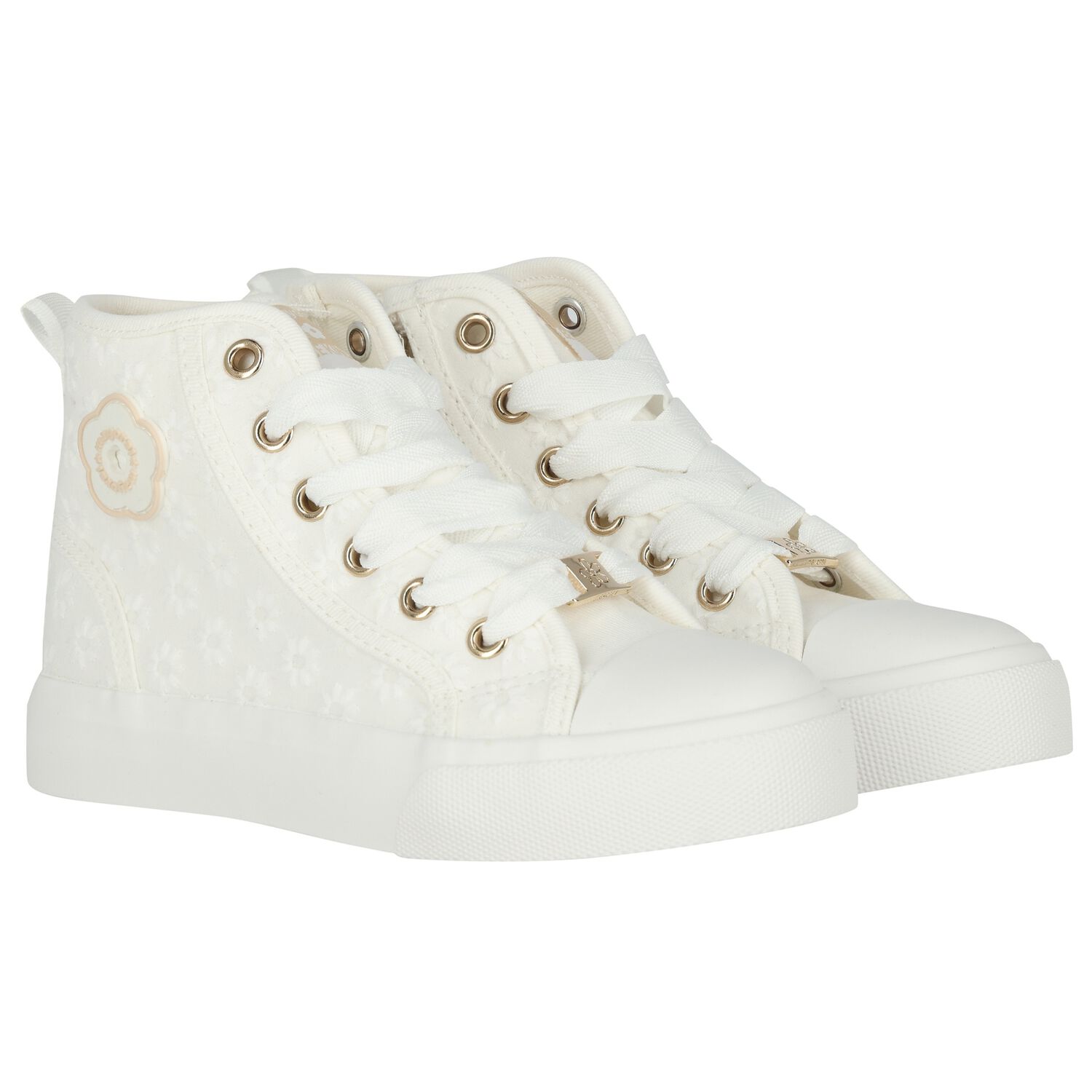 Girls White Flower Trainers, 1, hi-res