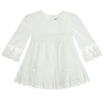 Younger Girls Ivory Embroidered Tulle Dress