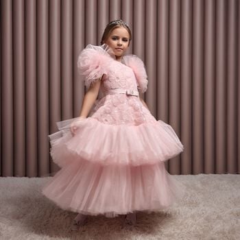 Girls Roshelle Pink Floral Applique Tulle Dress