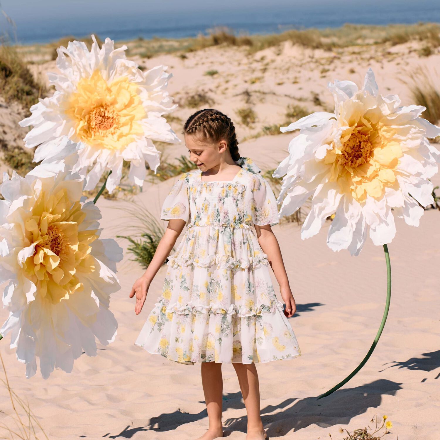 فستان شيفون بطبهة الزهور باللون الأبيض للبنات, 1, hi-res image number null