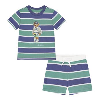 Baby Boys Blue & Green Polo Bear Shorts Set