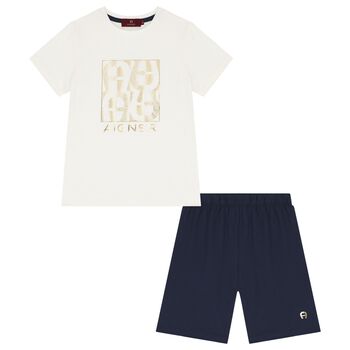 Boys White & Navy Blue Logo Pyjamas