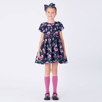 Girls Navy Blue & Pink Floral Satin Dress
