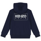 Boys Navy Blue Logo Hooded Zip Up Top, 1, hi-res