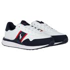 Boys White & Navy Blue Logo Trainers, 1, hi-res