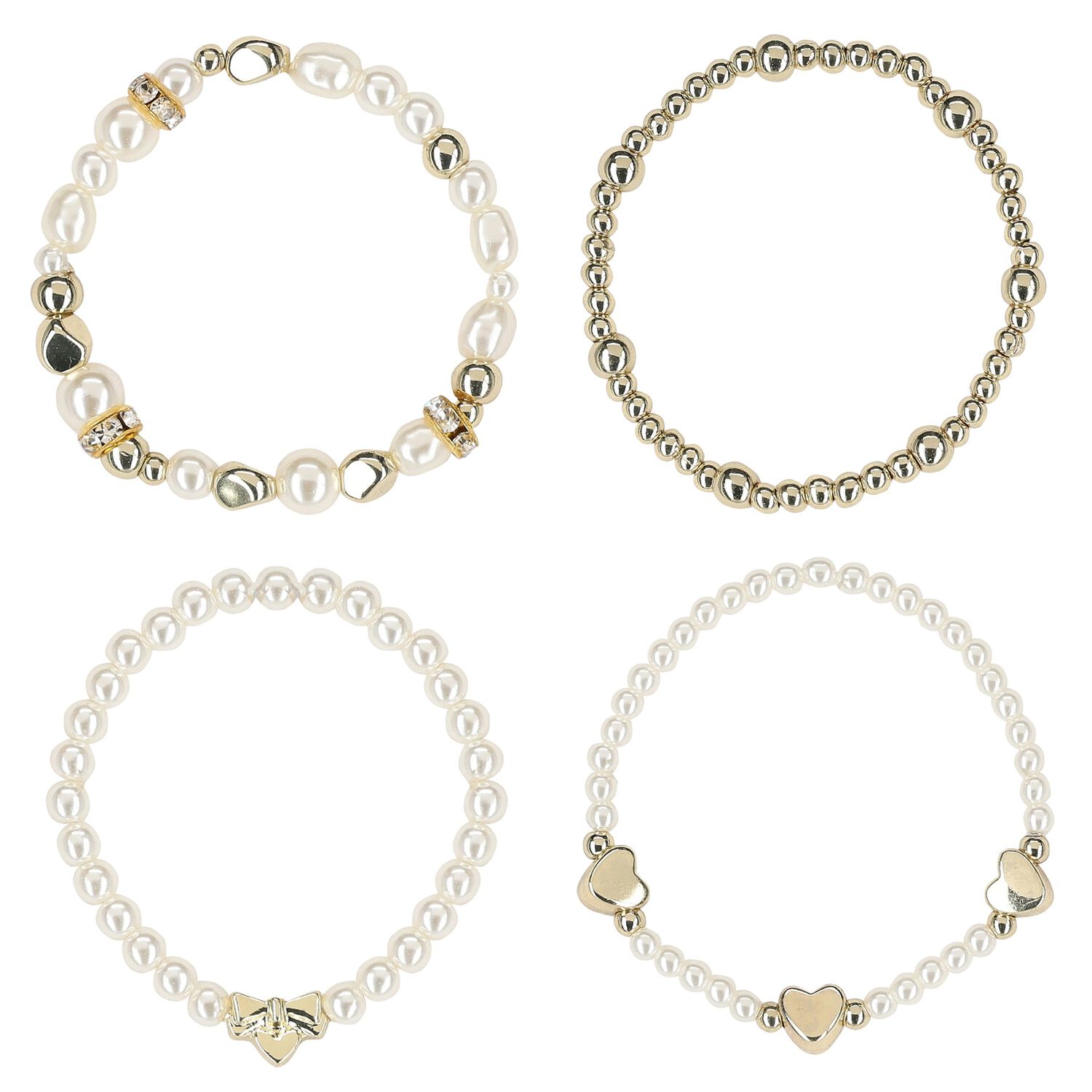 Girls White & Gold Beaded Bracelets (4 Pack), 2, hi-res