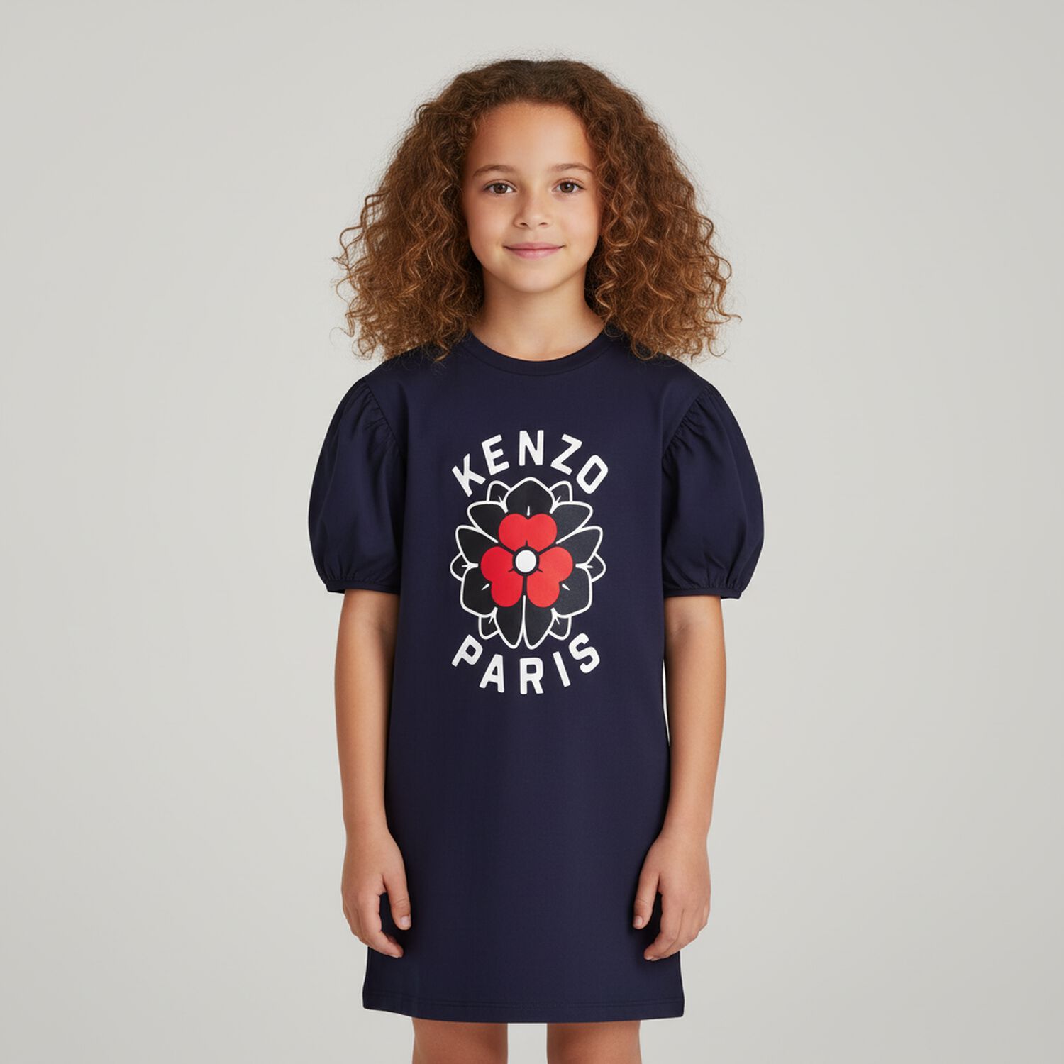 Girls Navy Blue Logo Flower Dress, 2, hi-res