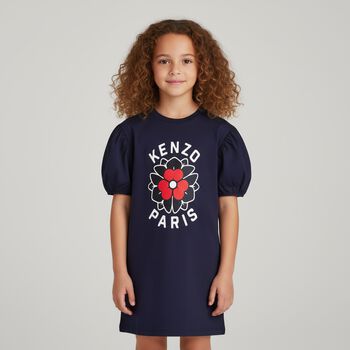 Girls Navy Blue Logo Flower Dress