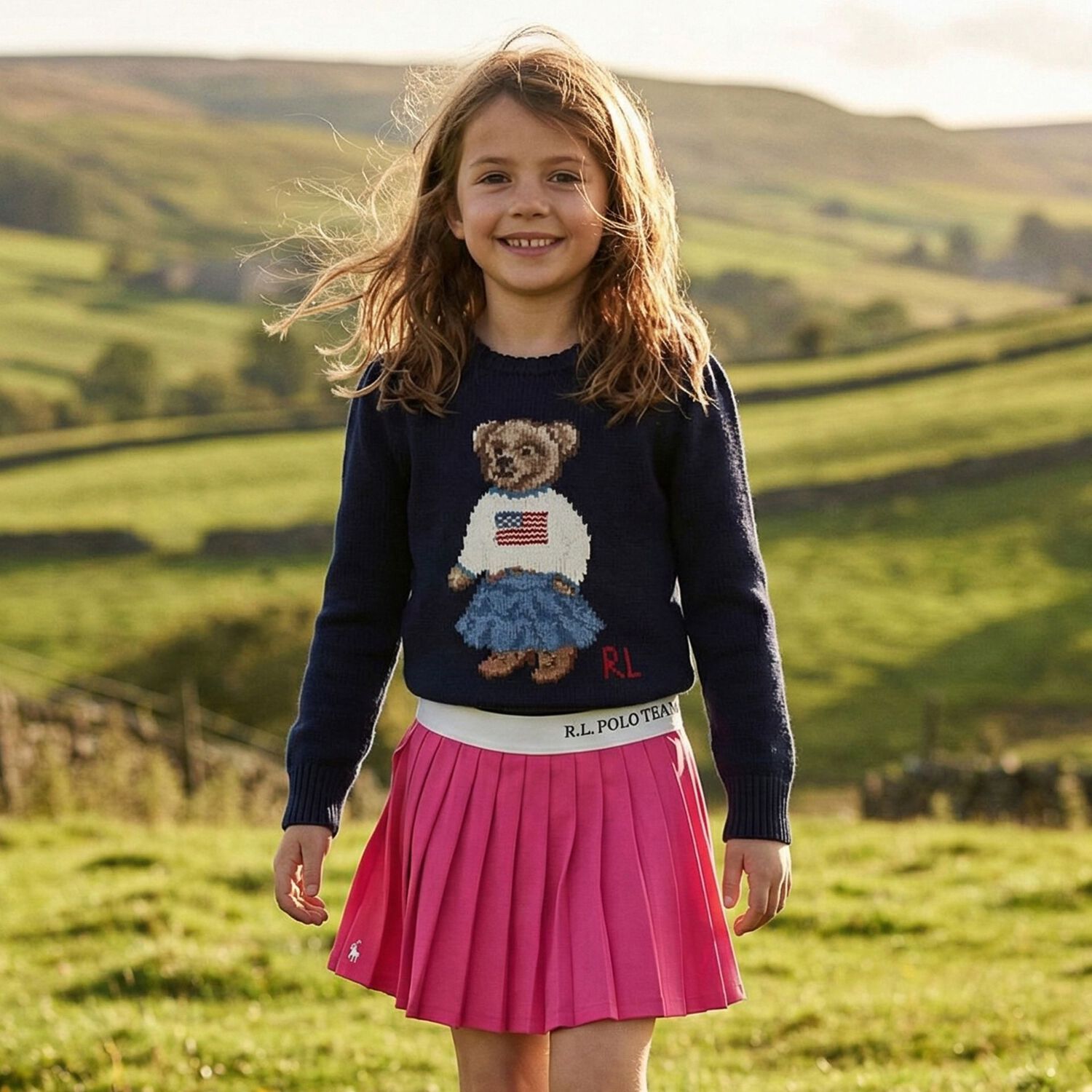 Girls Navy Blue Polo Bear Knitted Jumper, 1, hi-res