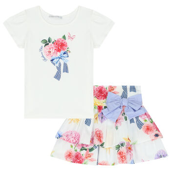 Girls White Floral Skirt Set