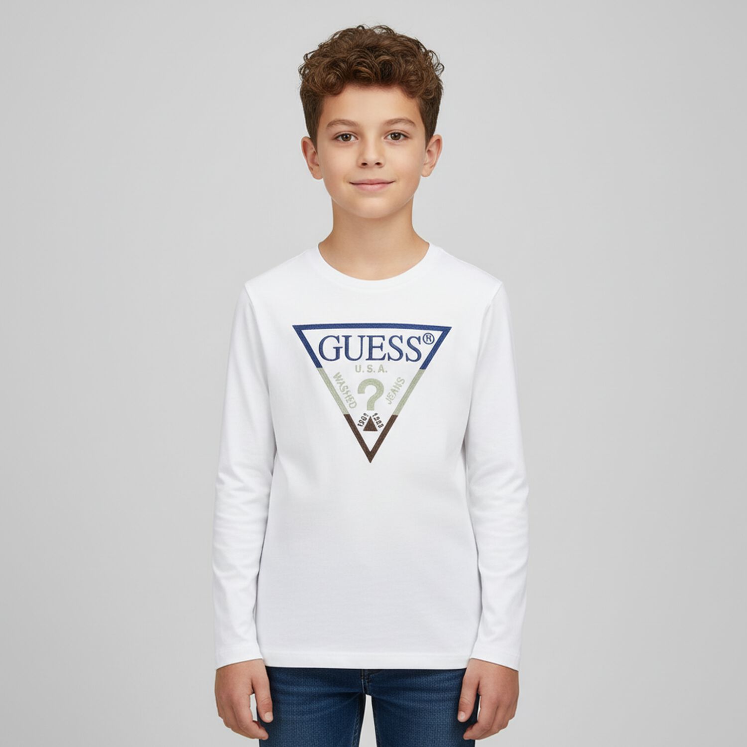 Boys White Logo Long Sleeve Top, 1, hi-res image number null