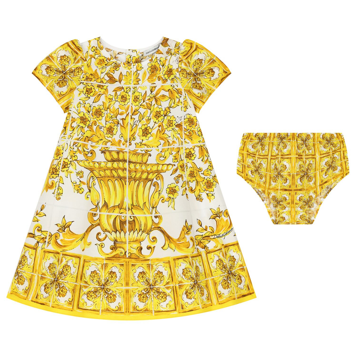 Baby Girls White & Yellow Majolica Dress Set, 1, hi-res