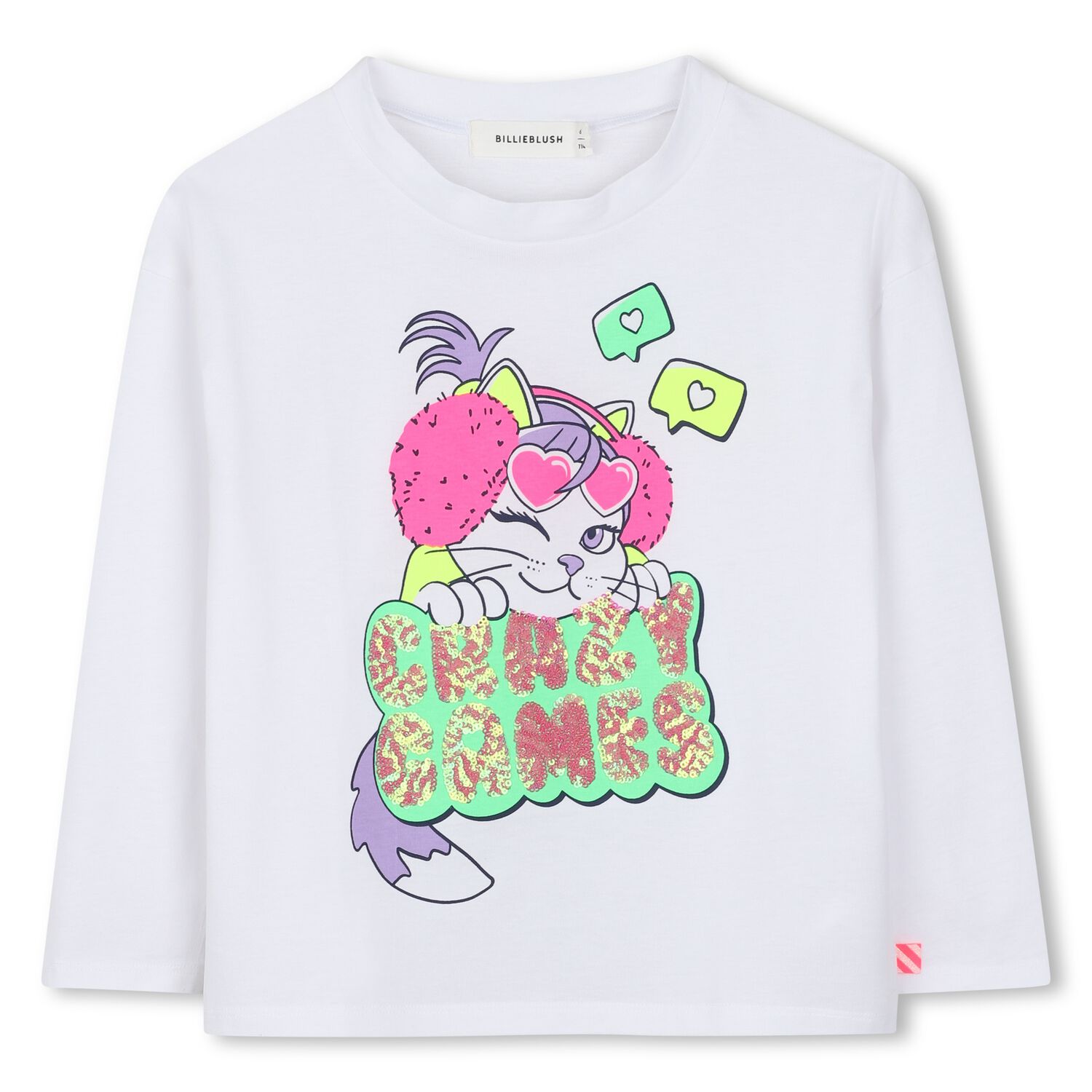 Girls White Sequin Cat Long Sleeve Top, 1, hi-res