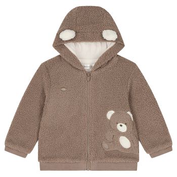 Beige Teddy Bear Hooded Zip Up Top