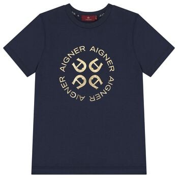 Boys Navy Blue & Gold Logo T-Shirt