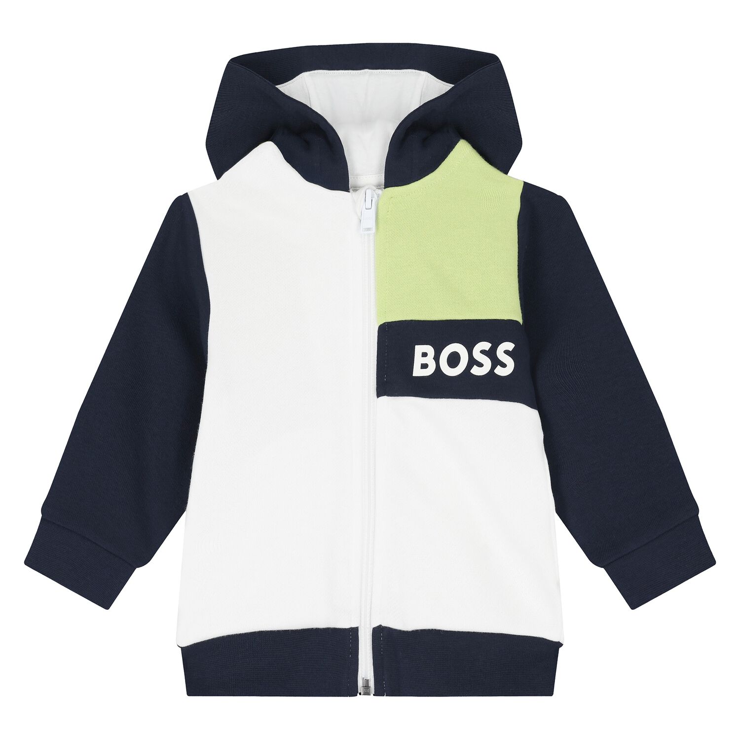 Younger Boys White & Navy Blue Logo Hooded Zip Up Top, 1, hi-res