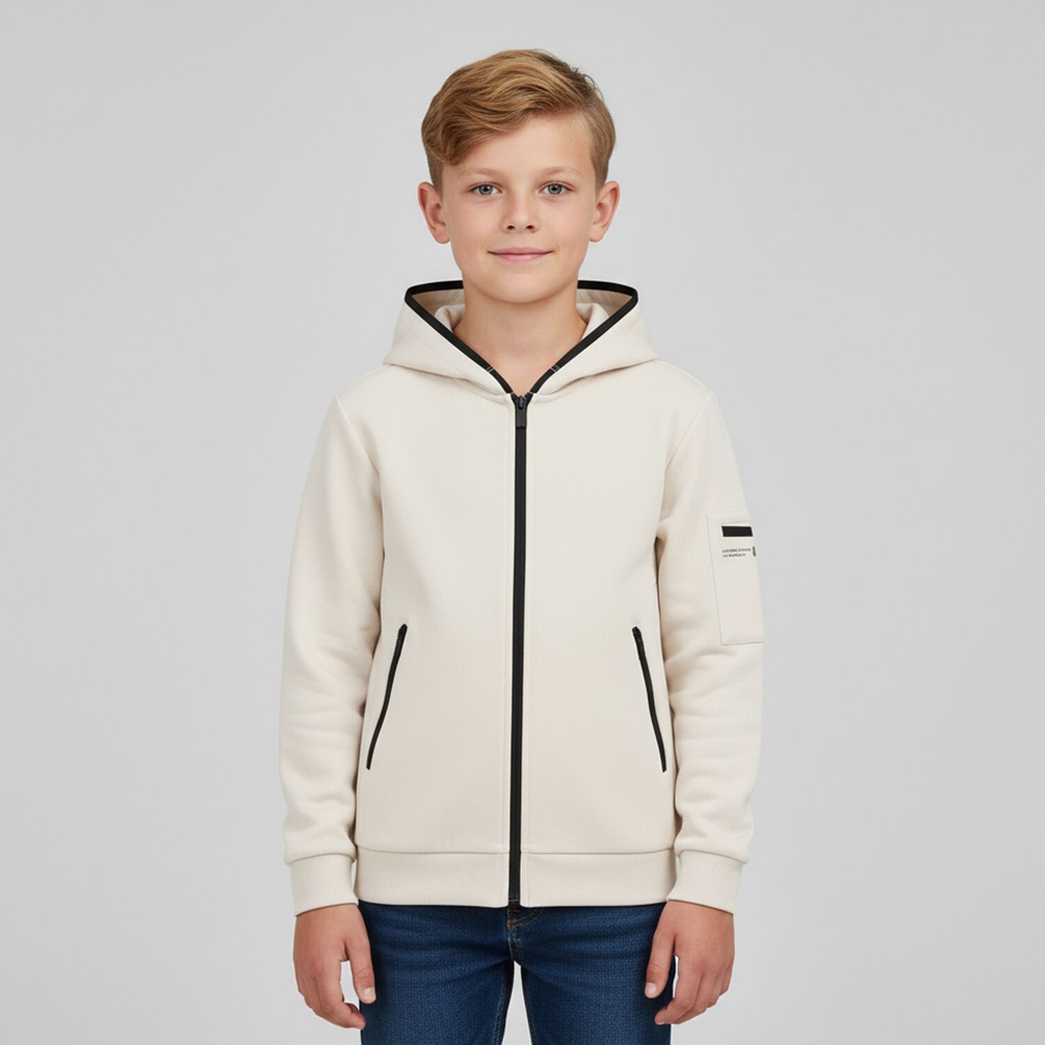 Boys Beige Zip-Up Hooded Top, 1, hi-res