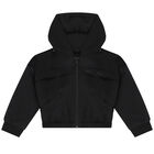 Girls Black Satin Logo Hooded Zip Up Top, 1, hi-res