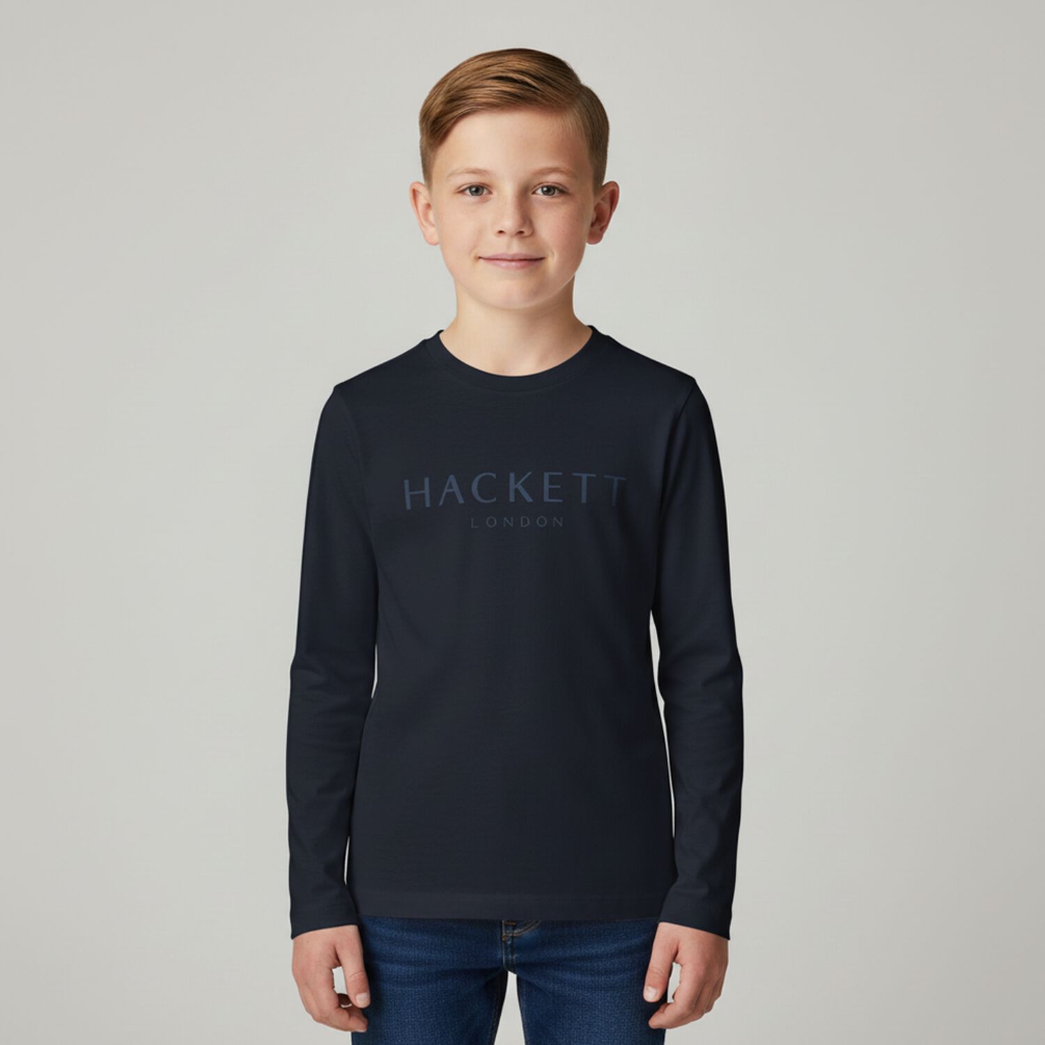 Boys Navy Blue Logo Long Sleeve Top, 3, hi-res
