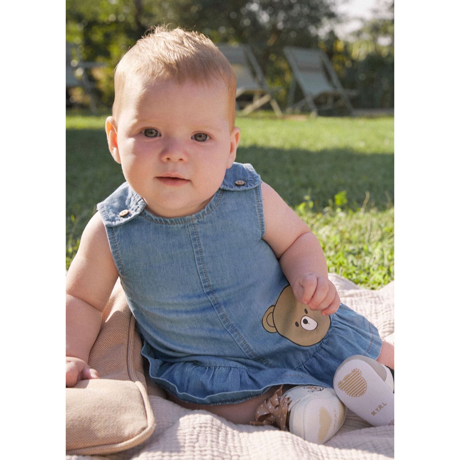 Baby Girls Blue Chambray Bear Dress & Hat Set, 1, hi-res
