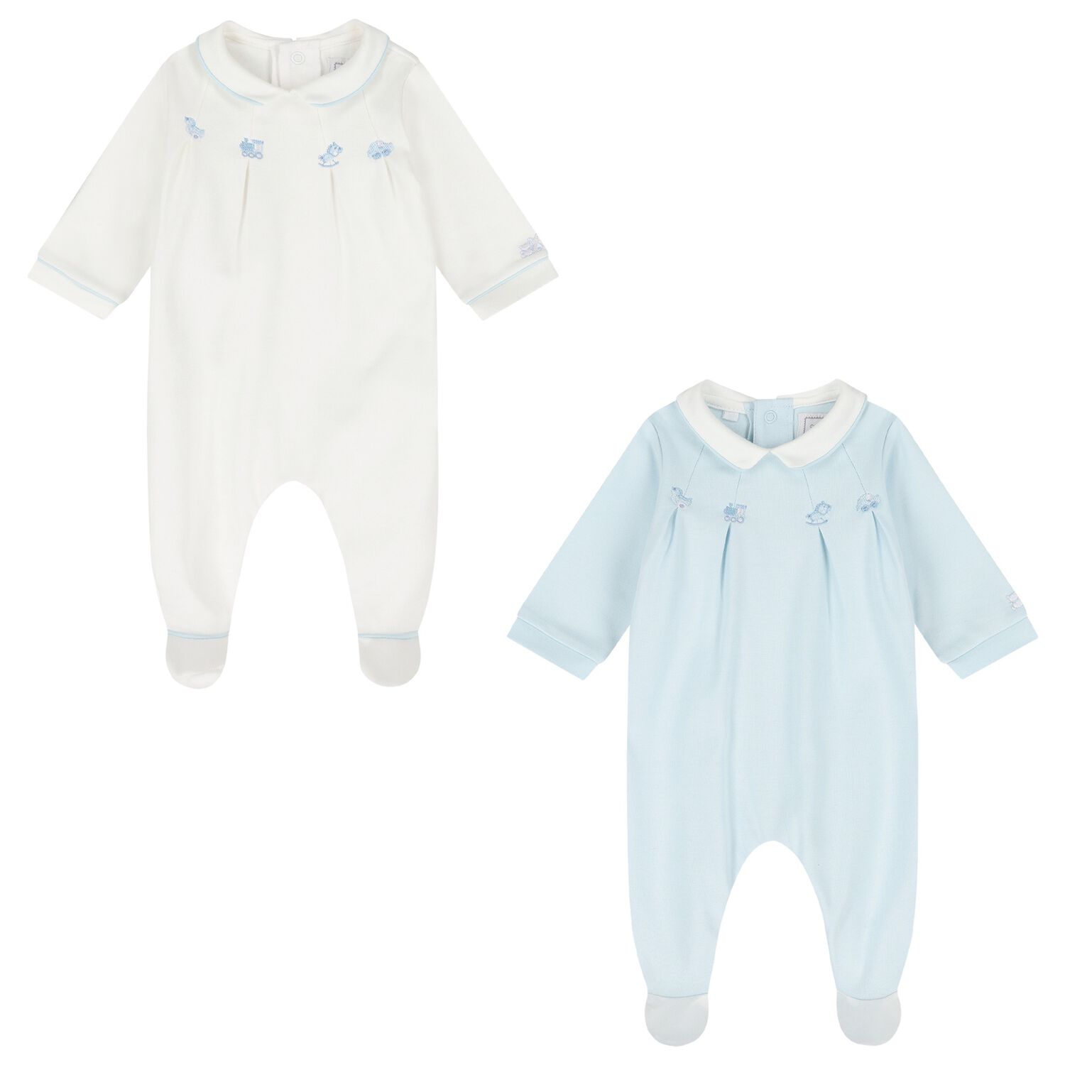 Baby Boys Blue & Ivory Flower Babygrows ( 2-Pack ), 1, hi-res