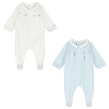 Baby Boys Blue & Ivory Flower Babygrows ( 2-Pack )