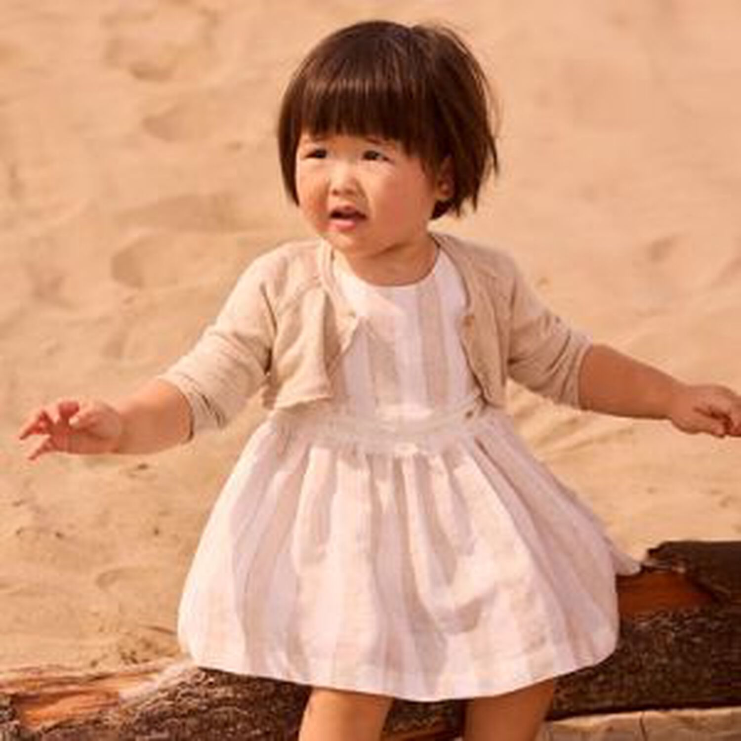 Younger Girls Beige Knitted Cardigan, 1, hi-res