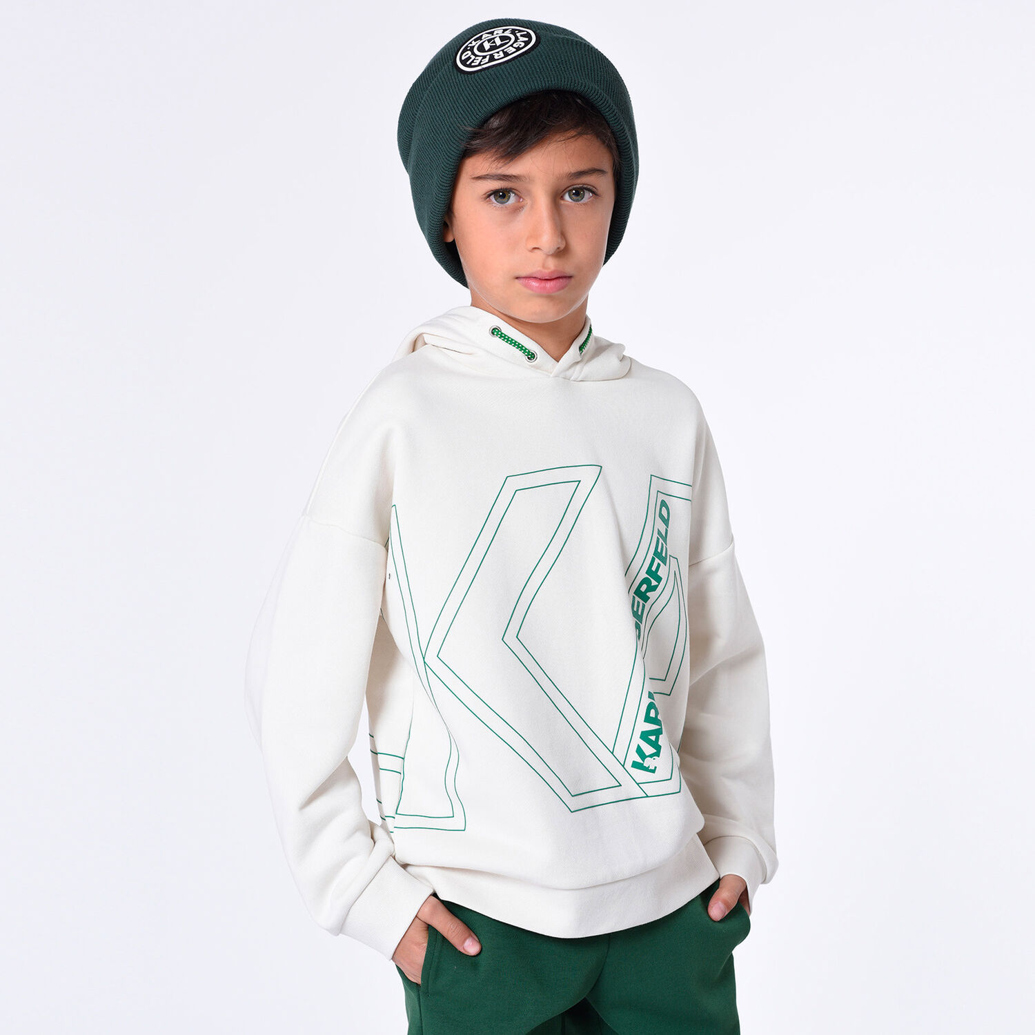 Boys Ivory Logo Hooded Top, 1, hi-res