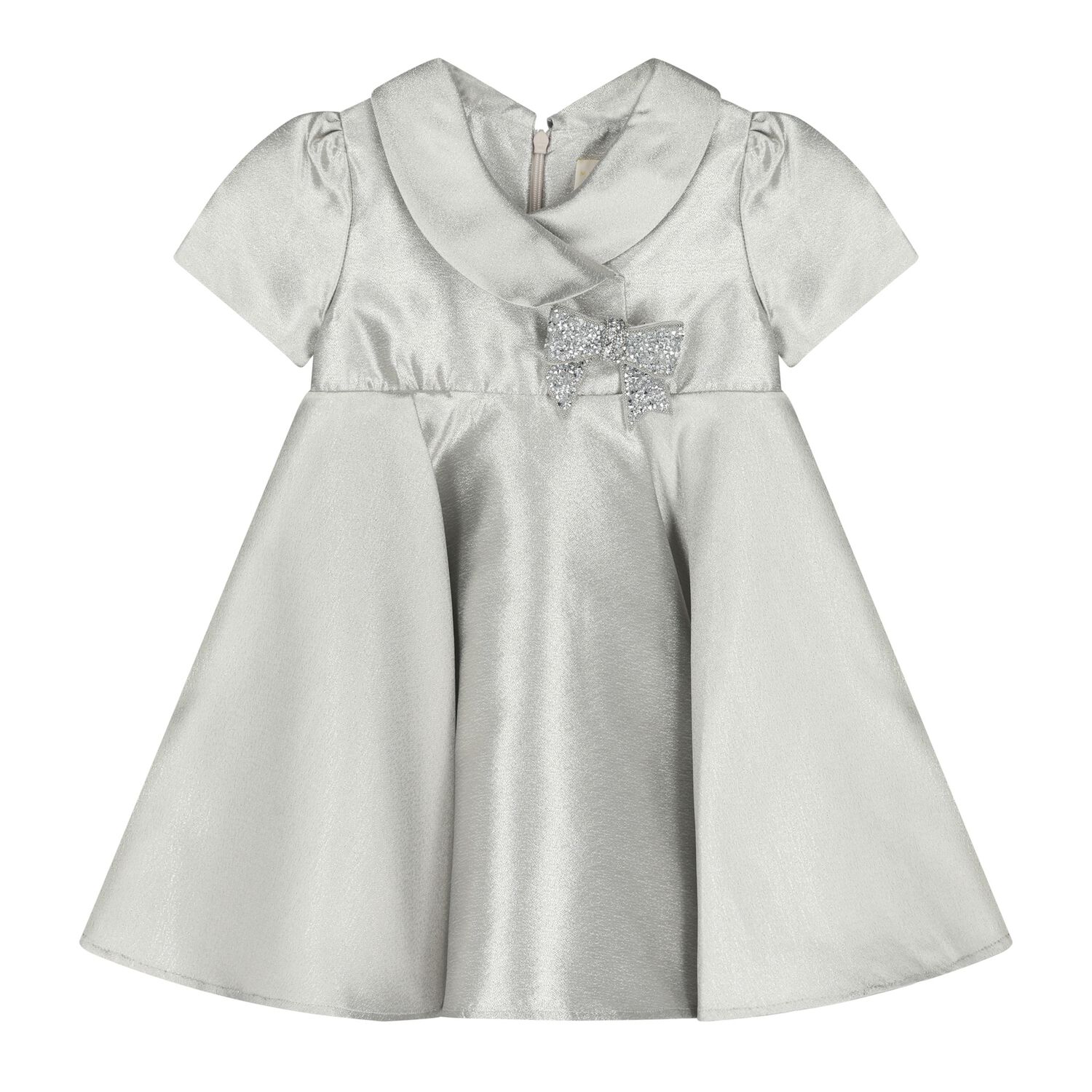 Baby Girls Silver Bow Satin Dress, 1, hi-res