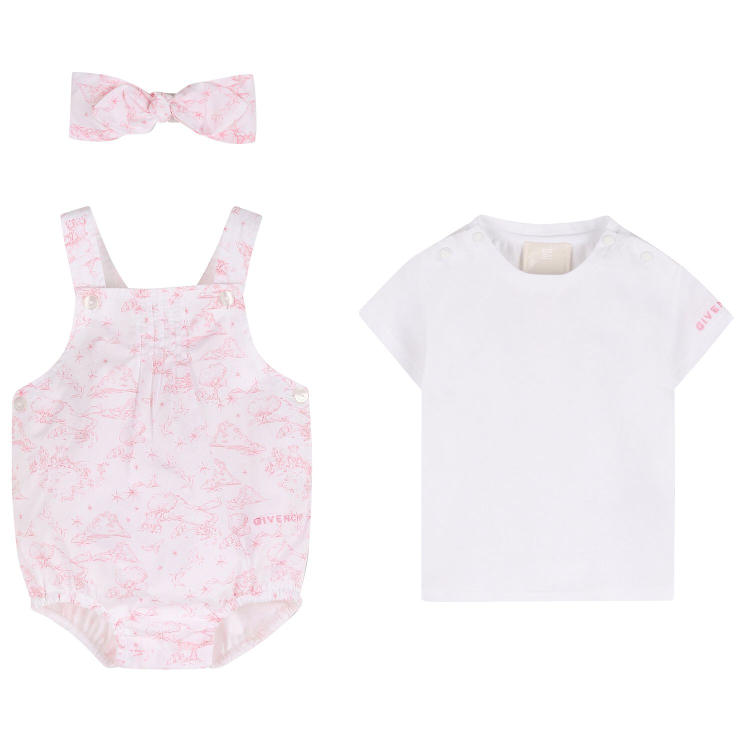 Baby Girls White & Pink Toile de Jouy Romper Set, 1, hi-res