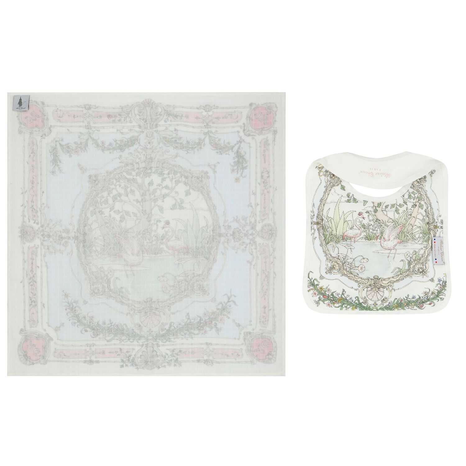 Ivory & Blue Tapestry Baby Swaddle & Bib Gift Set, 1, hi-res image number null