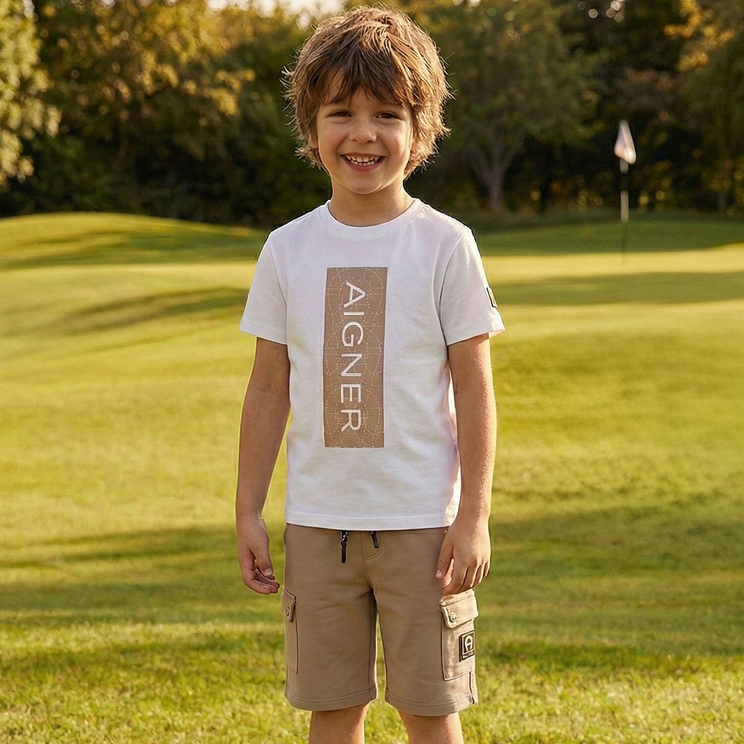 Boys White & Beige Logo Shorts Set, 1, hi-res