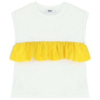 Girls White & Yellow Ruffled Logo Top