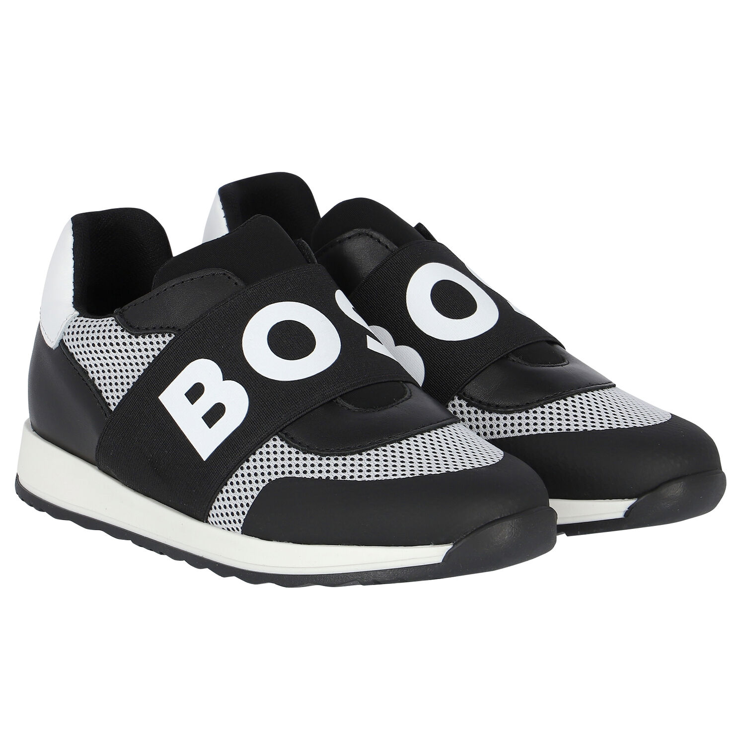 Boys Black & White Logo Trainers, 2, hi-res