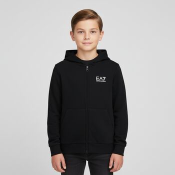 Boys Black Logo Hooded Zip Up Top