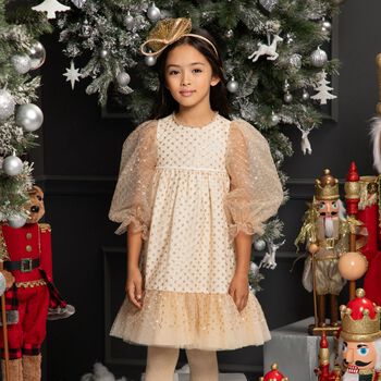 Girls Gold Sequined Tulle Dress