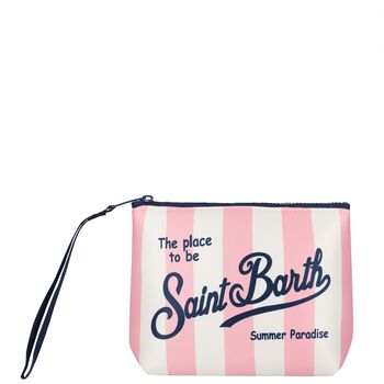 Girls White & Pink Striped Logo Pouch