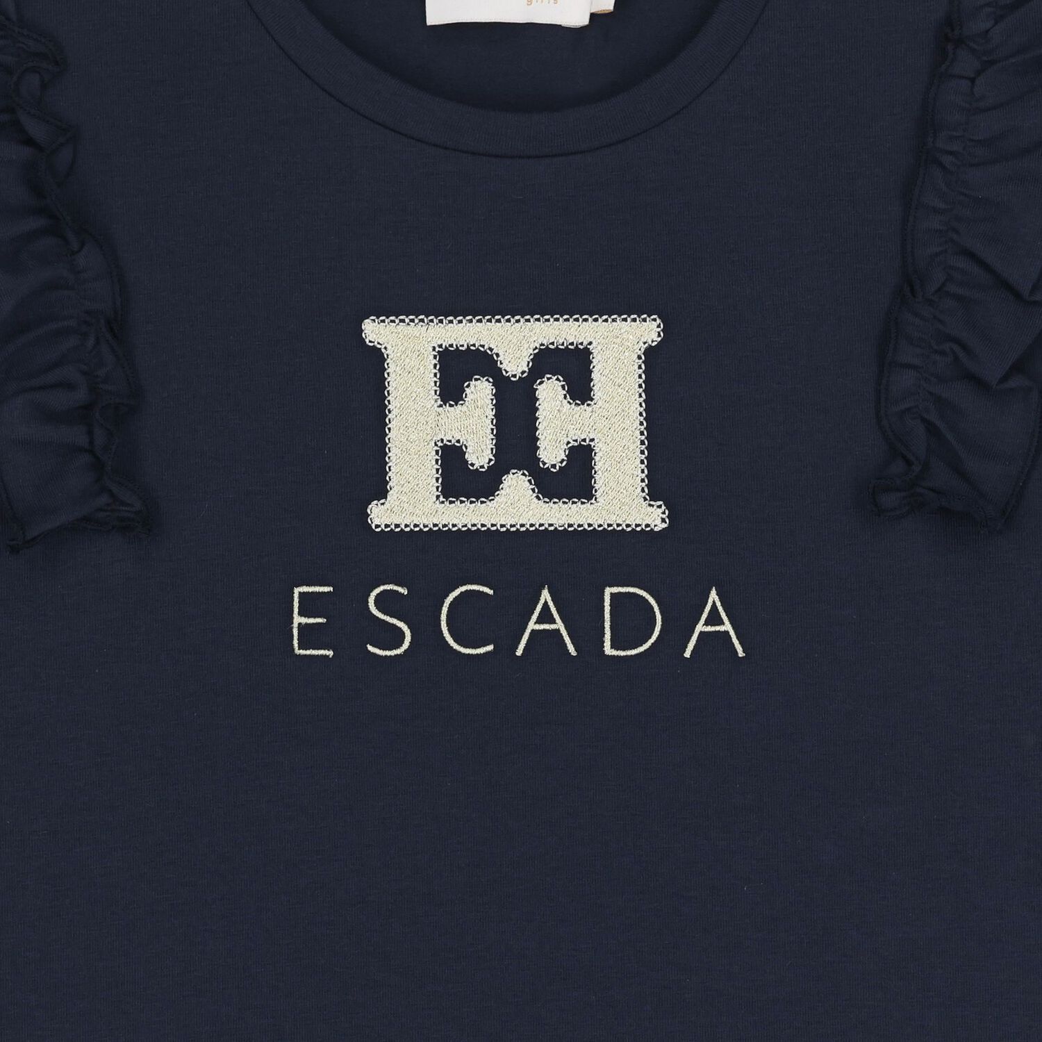 تيشيرت بنات بالشعار مكشكش باللون الكحلى , 2, hi-res