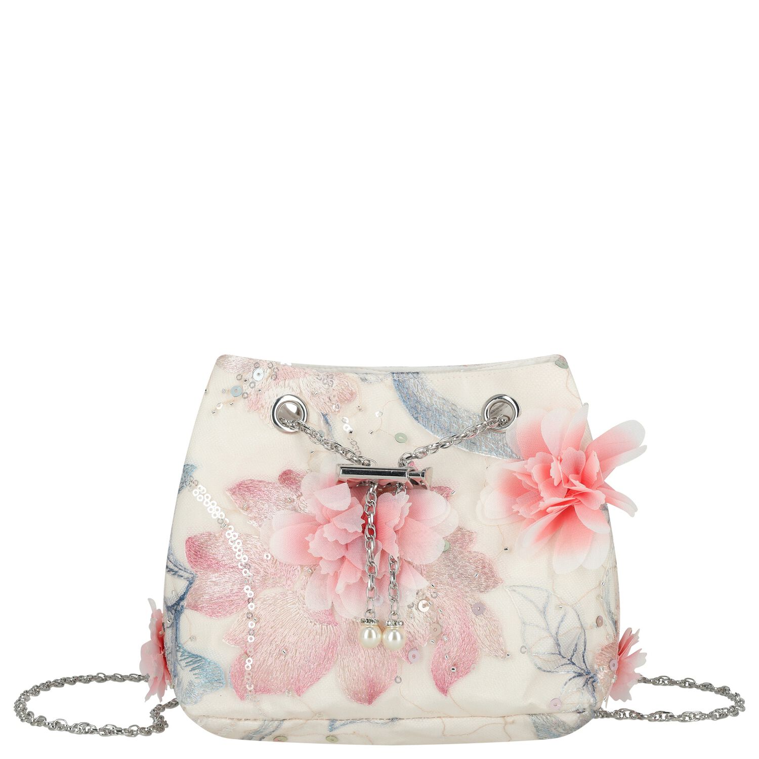 Girls Ivory & Pink 3D Flower Bag, 1, hi-res