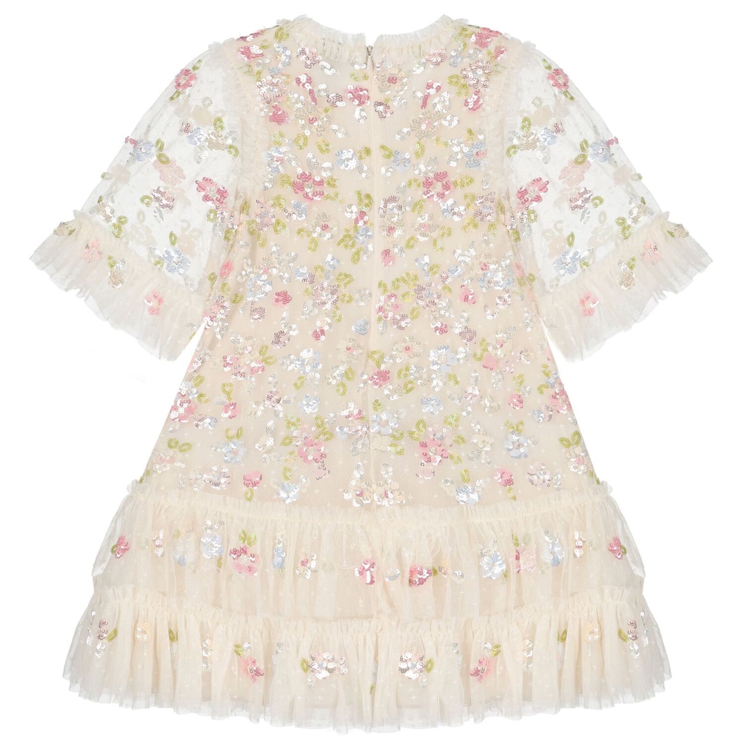 Girls Ivory Floral Tulle & Sequin Dress, 2, hi-res