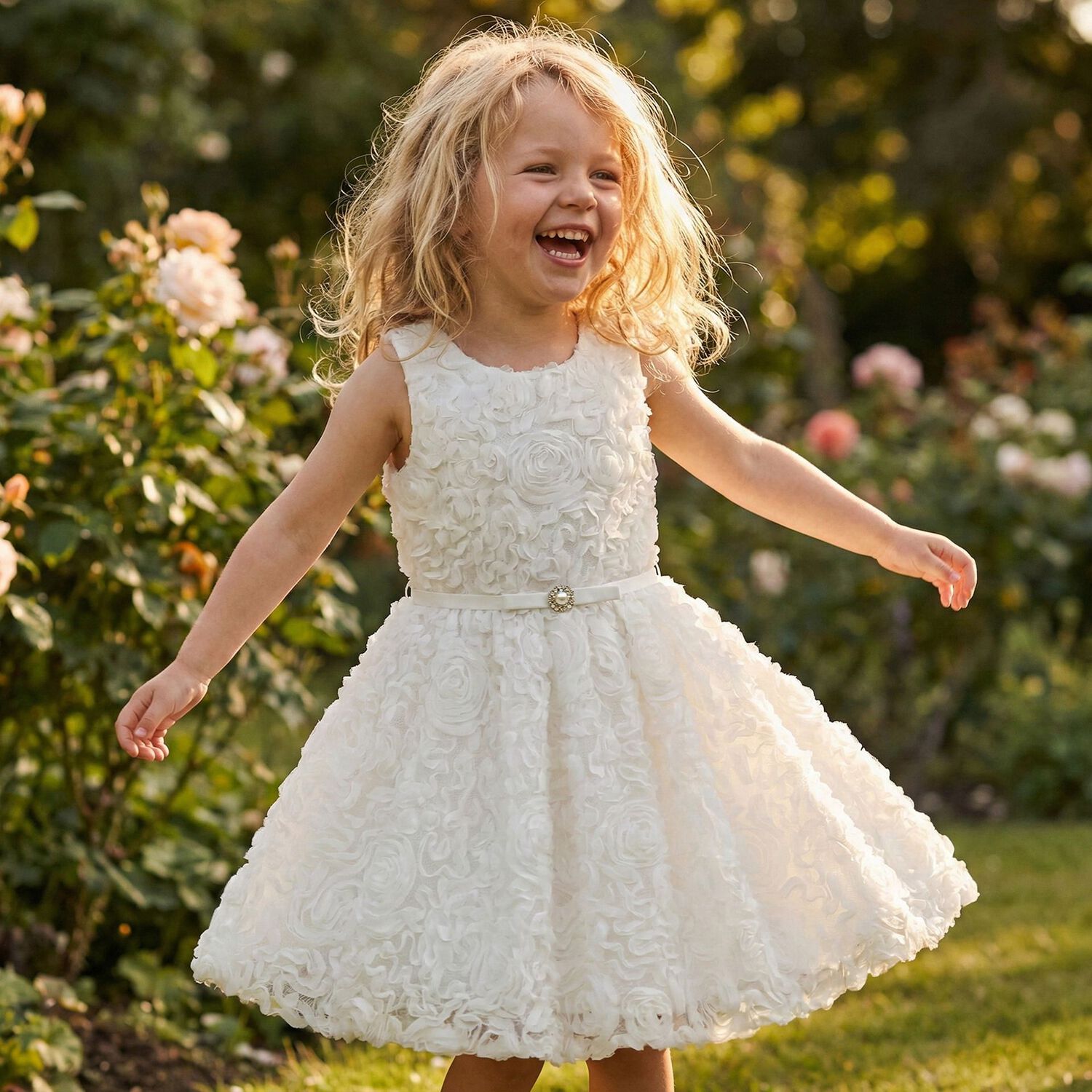 Girls White 3D Rosette Dress, 1, hi-res