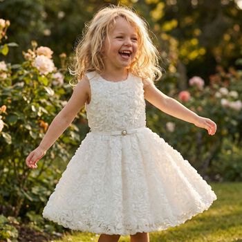 Girls White 3D Rosette Dress