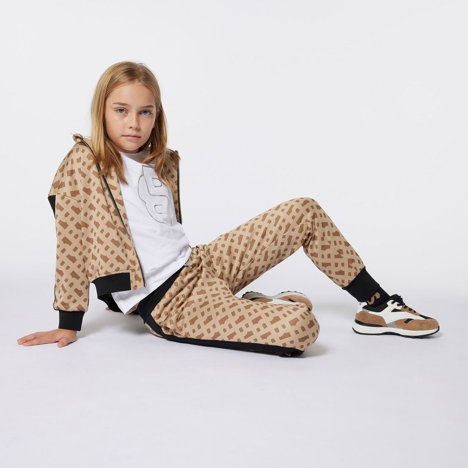 Girls Beige & Black Logo Joggers, 1, hi-res image number null