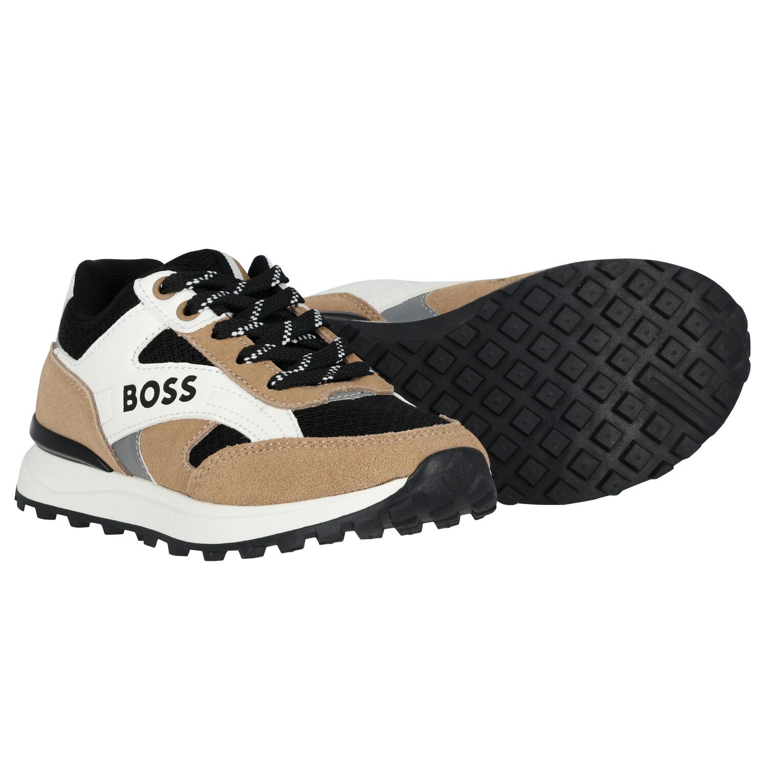 حذاء أولاد رياضي بالشعار باللون الأسود و البيج و الأبيض, 1, hi-res image number null