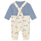 Baby Boys Blue & Beige Animals Dungaree Set, 2, hi-res