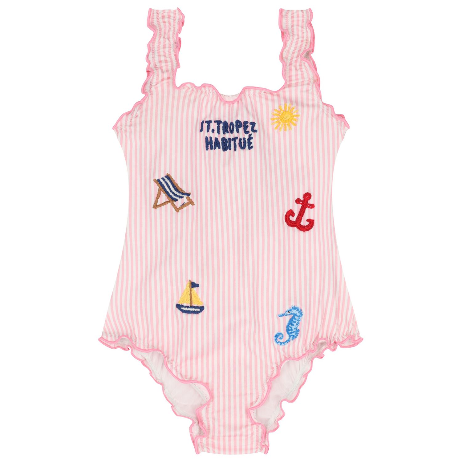 Girls Pink & White Striped Swimsuit, 1, hi-res