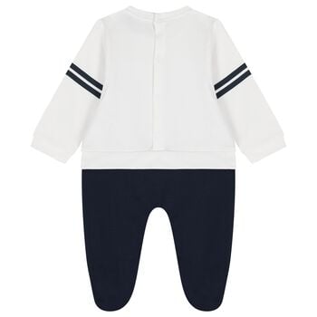 Baby Boys White & Navy Blue Logo Babygrow