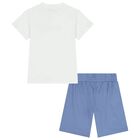 Boys White & Blue Logo Shorts Set, 1, hi-res