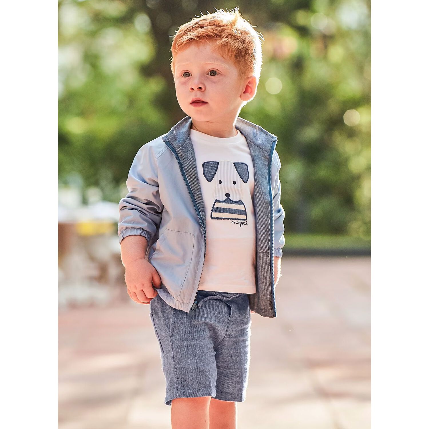 Younger Boys White & Blue Puppy Shorts Set, 1, hi-res