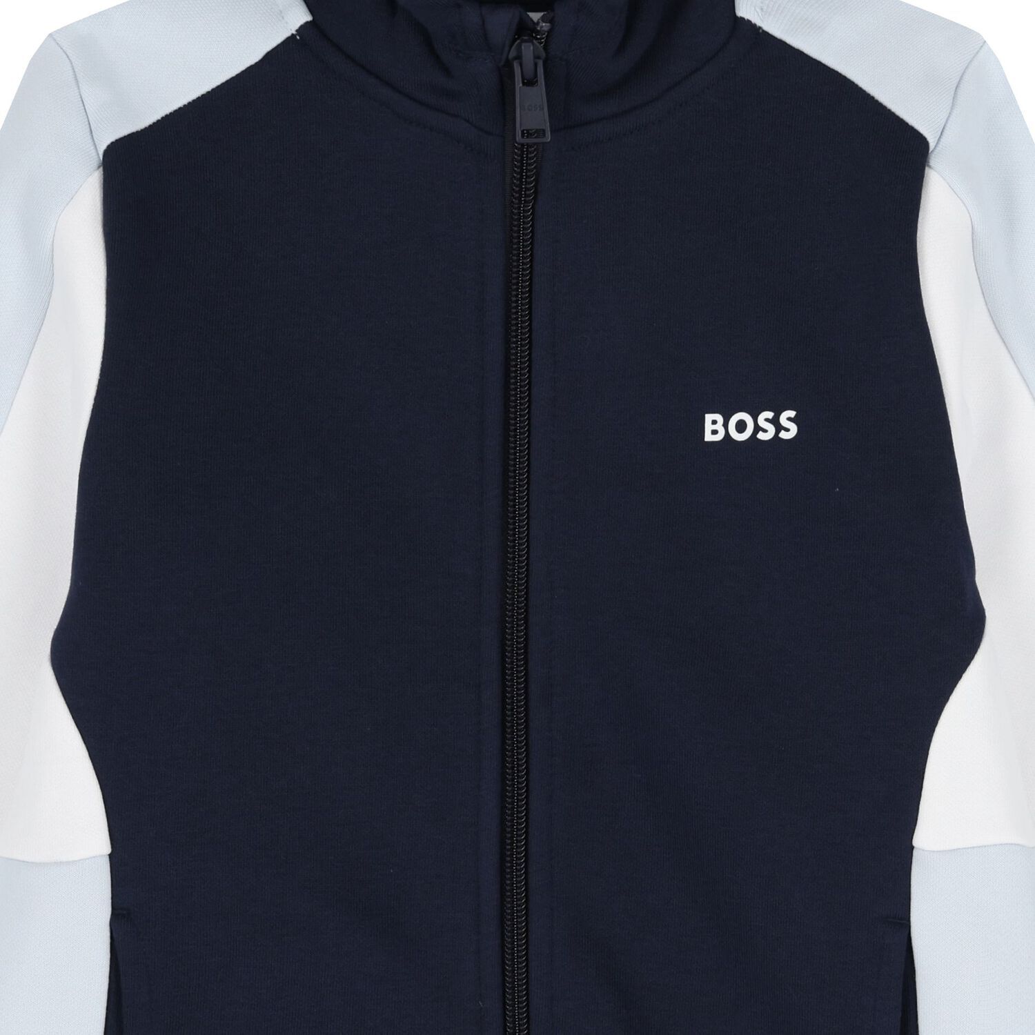 Boys Navy Blue, Blue & White Logo Hooder me d Zip Up Top, 4, hi-res